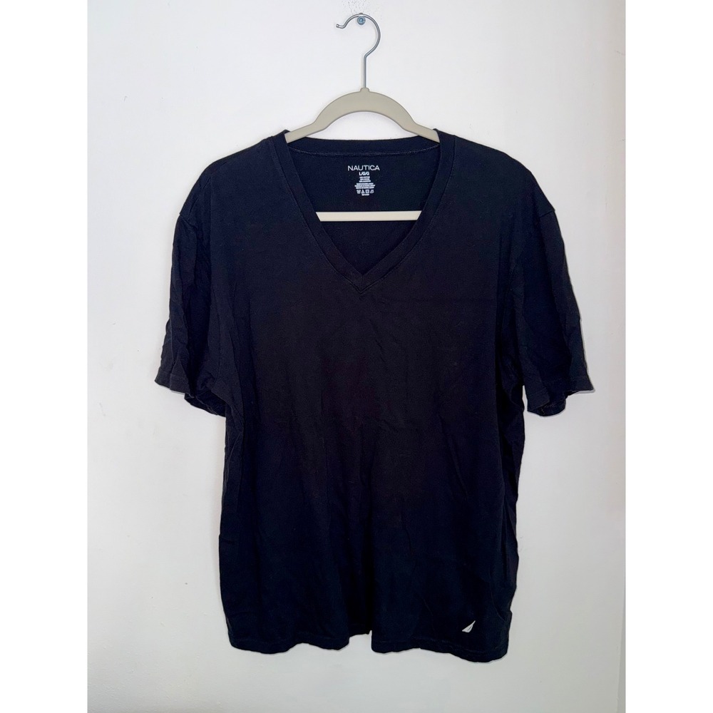 Nautica Mens V-Neck T-Shirt Black Short Sleeve Cotton Logo Large